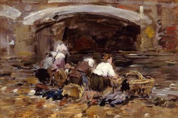 尤金 佈丹 Laundresses near a Bridge